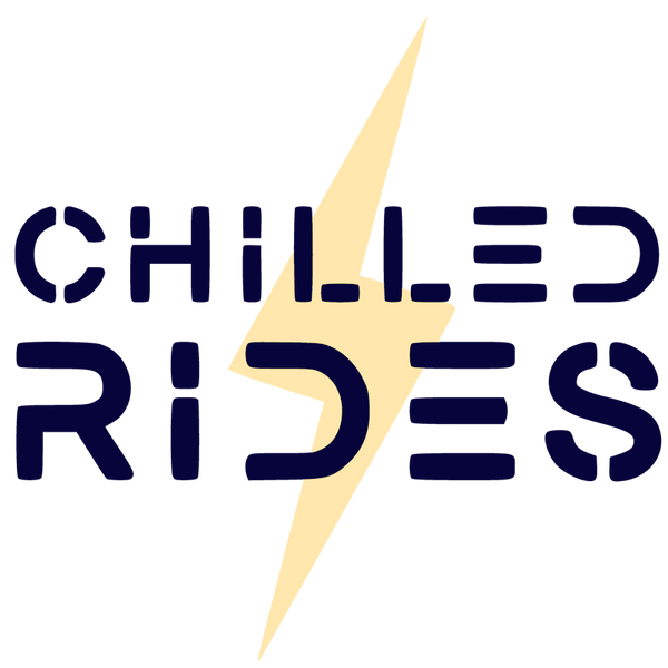 The image features the words CHILLED RIDES overlaid on a pale lightning bolt symbol. The text is dark blue.