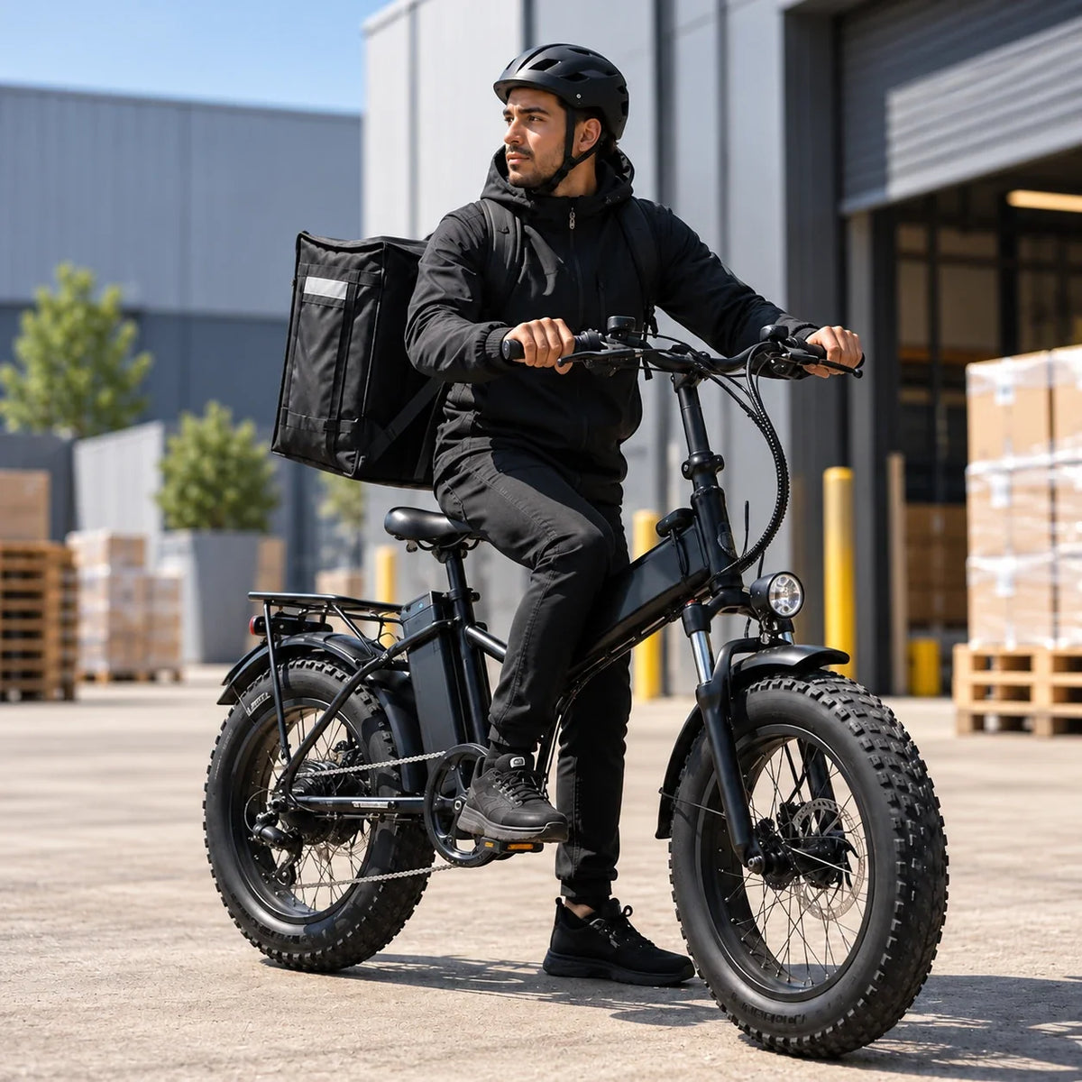 Allegro TDL6125 folding utility e-bike with rider on private commercial premises