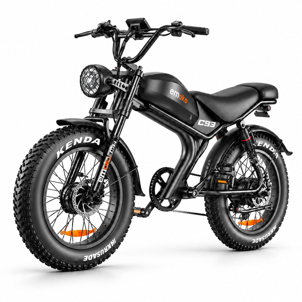 Emoko C93 fat tyre e-bike, studio view with black saddle