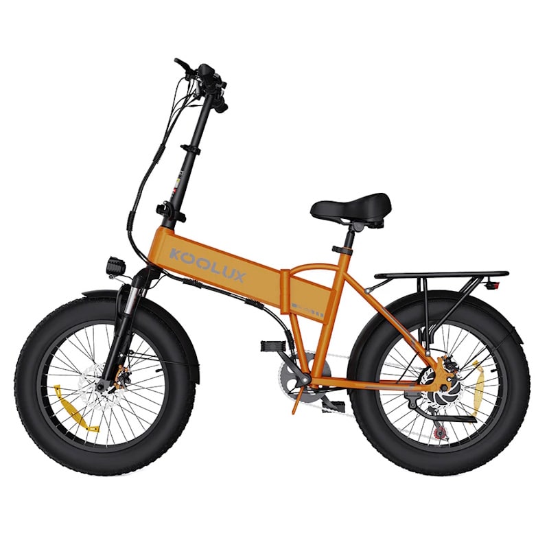 An orange and black Koolux BK10S folding electric bike with fat tyres and a rear rack.